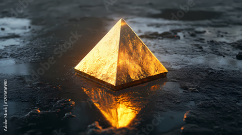 A glistening, golden pyramid sits on a wet, black surface, reflecting the light from above, creating a captivating interplay of light and shadow. Golden Pyramid. Illustration