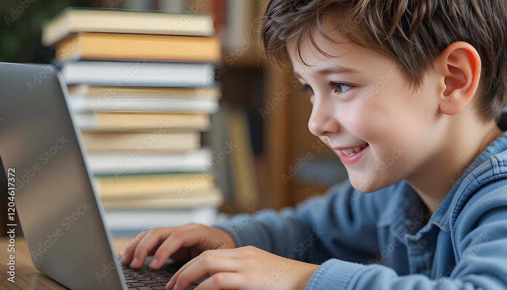 Happy Child Using Laptop Online Learning Education Home Study Boy Typing on Computer Happy Child Using Laptop Online Learning Education Home Study Boy Typing on Computer