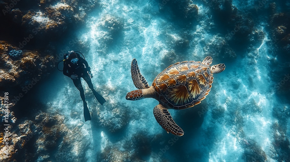 Fototapeta premium Underwater Encounter: Diver and Sea Turtle