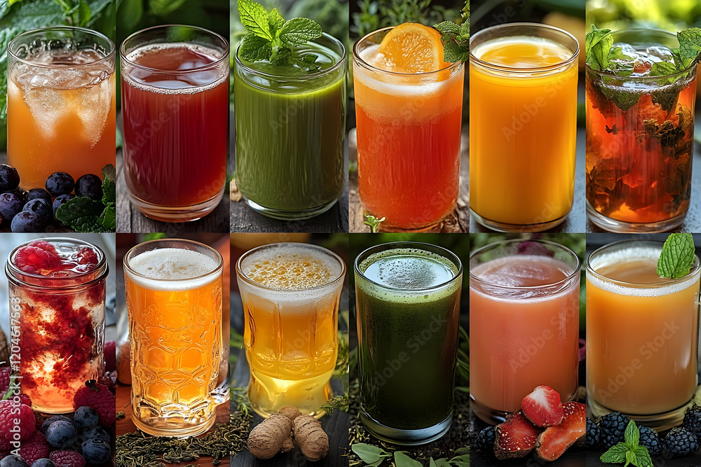 Assorted refreshing beverages: fruit juices, smoothies, and cocktails in glasses Assorted refreshing beverages: fruit juices, smoothies, and cocktails in glasses