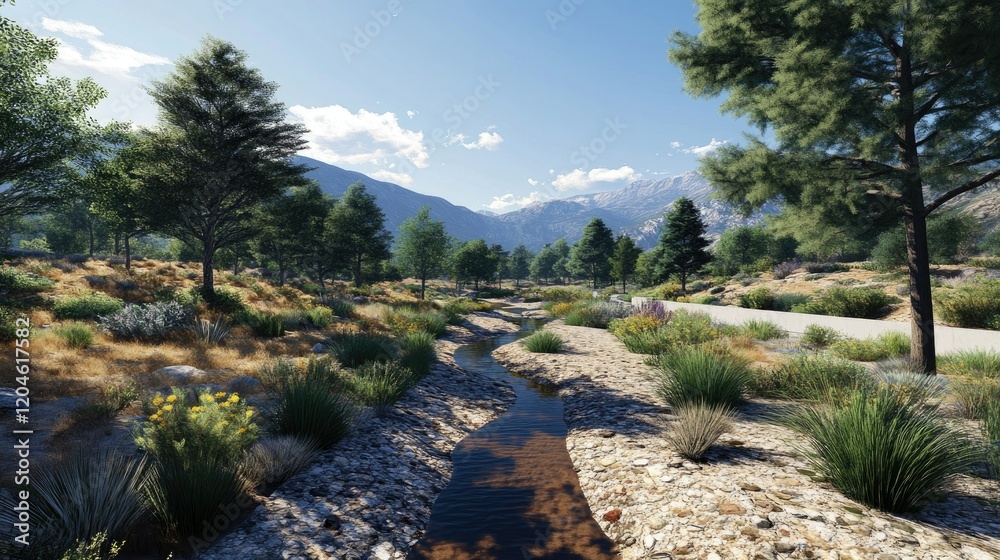 Obraz premium Serene Mountain Stream: A Digital Landscape Painting