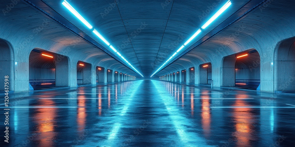 Fototapeta premium Futuristic Underground Parking Lot Cyberpunk Style Neon Lights Modern Architecture