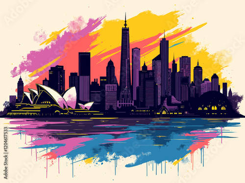  Sydney, Australia skyline in Graffiti style, colors violet, yellow, dark blue, yellow outlines