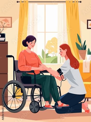 Senior woman in wheelchair with nurse measuring blood pressure at home