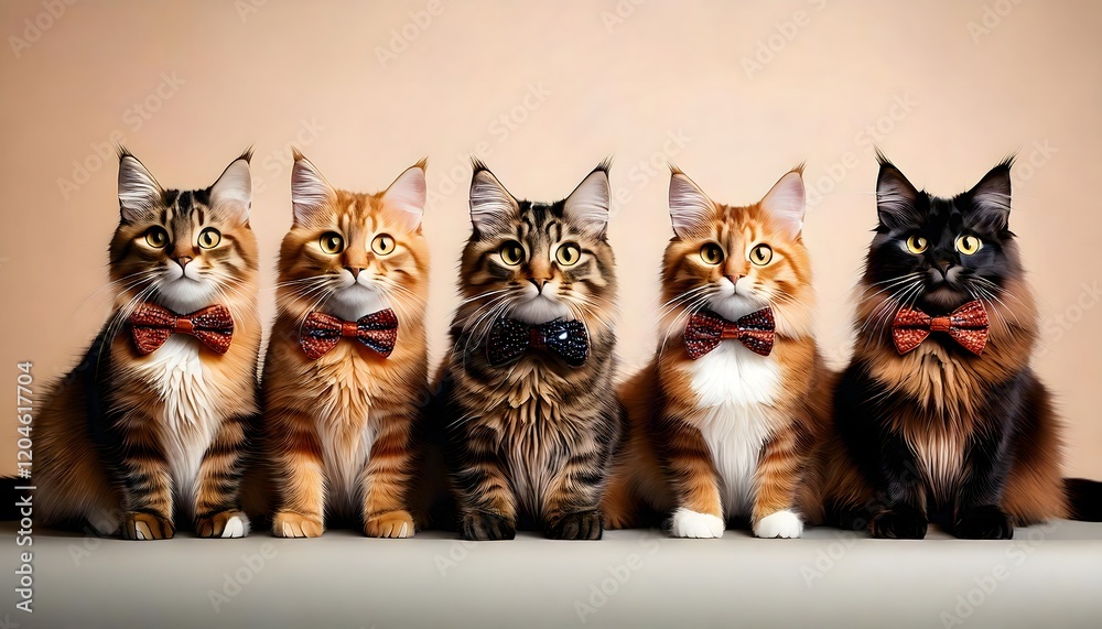 Fototapeta premium Elegant Maine Coon Cats with Vibrant Bow Ties, Lined Up for a Portrait