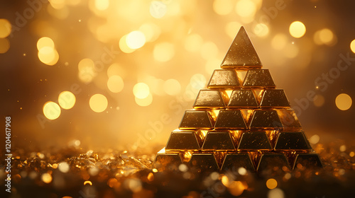 A pyramid of gold bars with a shiny, reflective surface is displayed against a blurred background of golden lights. Golden Pyramid. Illustration
