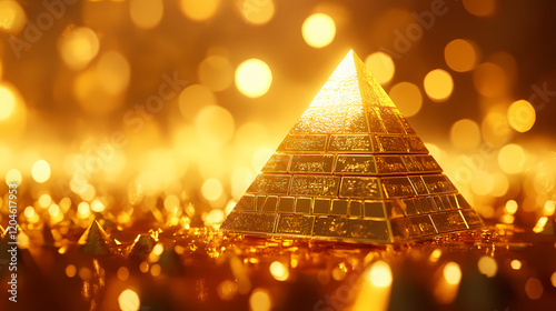 A pyramid of gold bars with a shiny, reflective surface is displayed against a blurred background of golden lights. Golden Pyramid. Illustration