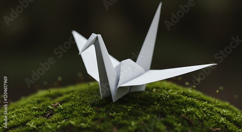 Peaceful origami crane, white paper, green moss, nature. photo