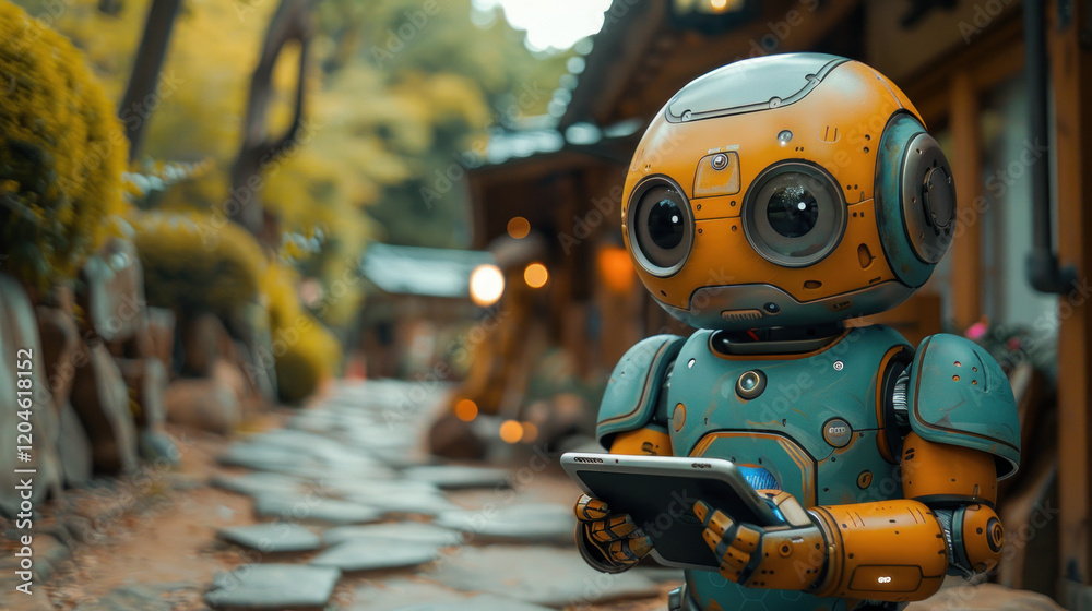 Cute robot assistant holding digital tablet. Cute robot assistant holding digital tablet.