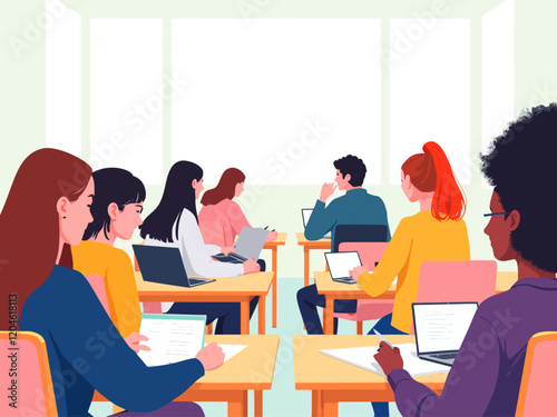 Group of students attentively taking notes and using a laptop in a lecture hall with wooden desks, on a white background