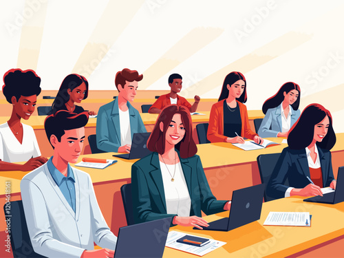 Group of students attentively taking notes and using a laptop in a lecture hall with wooden desks, on a white background