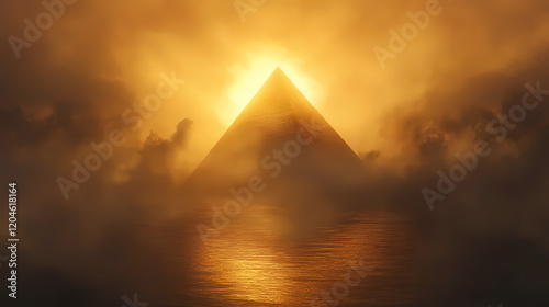 A solitary, enigmatic pyramid rises from a misty lake, bathed in the golden light of a setting sun, symbolizing mystery, isolation, and spiritual connection. Golden Pyramid. Illustration