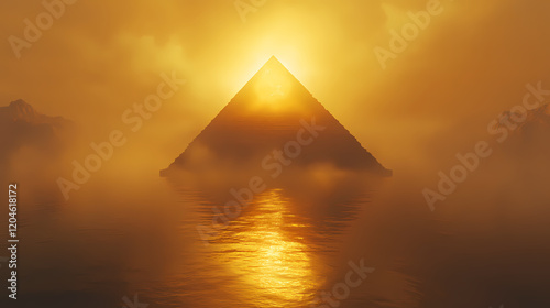 A solitary, enigmatic pyramid rises from a misty lake, bathed in the golden light of a setting sun, symbolizing mystery, isolation, and spiritual connection. Golden Pyramid. Illustration