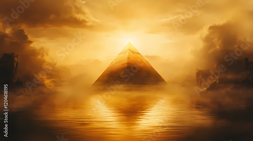 A solitary, enigmatic pyramid rises from a misty lake, bathed in the golden light of a setting sun, symbolizing mystery, isolation, and spiritual connection. Golden Pyramid. Illustration