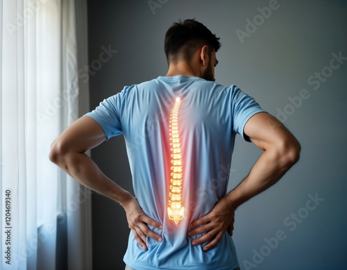 Man feels back pain. Glowing spine representation shows location of discomfort. Possible cause for chronic pain. Health care concept for back pain spine issues. Modern imaging tech highlights health photo