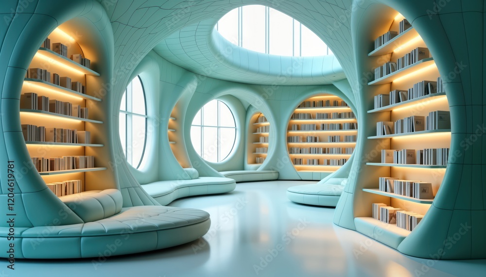 Fototapeta premium Modern library boasts curved bookshelves, soft seating areas. Light blue ceramic walls, futuristic architecture create serene, stylish ambiance. Curved shapes, soft seating add unique floating
