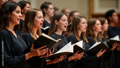 Choir members sing during performance in church hall. Wear formal attire, hold sheet music. Group of singers perform song. Music concert in hall. Formal choir event. People involved in musical