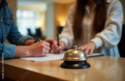 Woman guest checks in hotel reception. Hotel staff helps filling forms. People signing documents. Hotel lobby interior. Guest signs documents. Hotel service. Business trip. Tourist. Vacation. Travel.