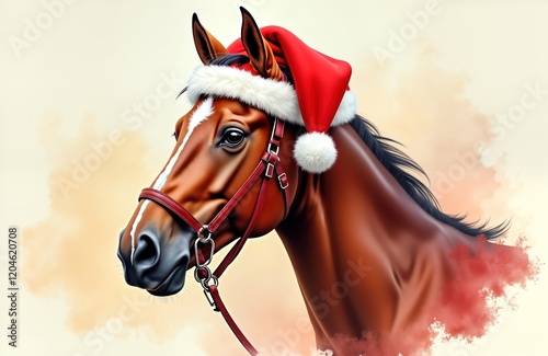 Horse wears festive Santa hat. Brown equine with bridle. Light background. Holiday theme. Animal art. Christmas. Equine portrait. Winter spirit. Colorful. Merry Christmas. Elegant illustration. photo