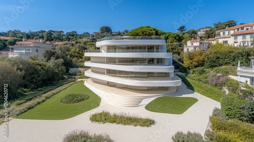 Modern white curved luxury house on hillside with landscaped gardens.