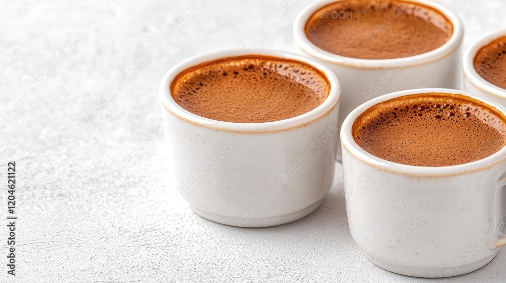 Four cups of espresso on a white table.  Perfect for cafe menu or coffee ad