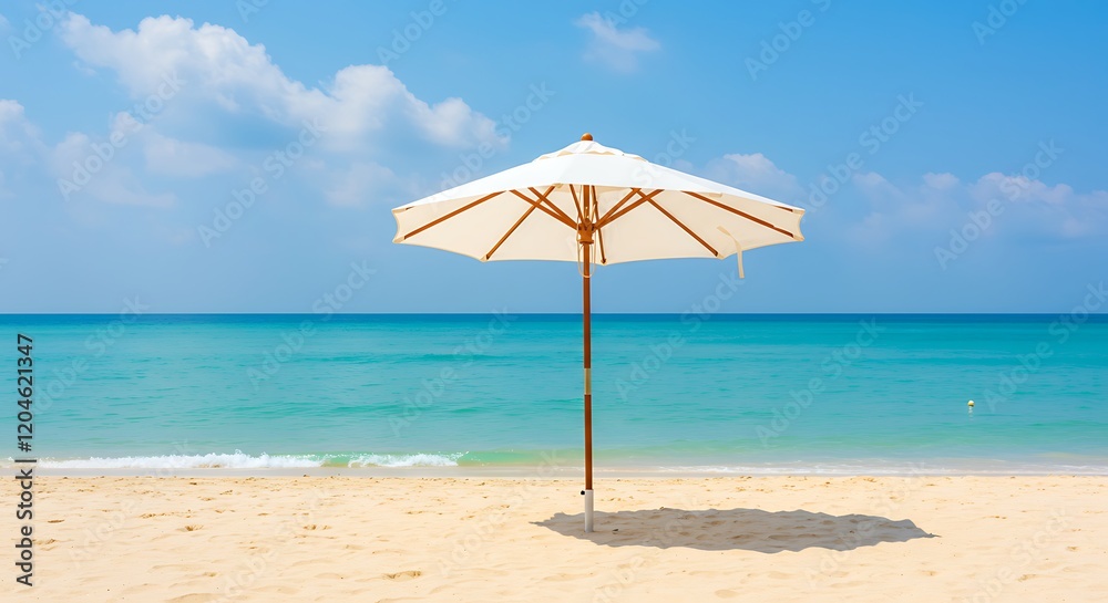 Sunny beach with turquoise ocean, white sand, and a white umbrella. Fluffy clouds in a clear sky. Sunny beach with turquoise ocean, white sand, and a white umbrella. Fluffy clouds in a clear sky.