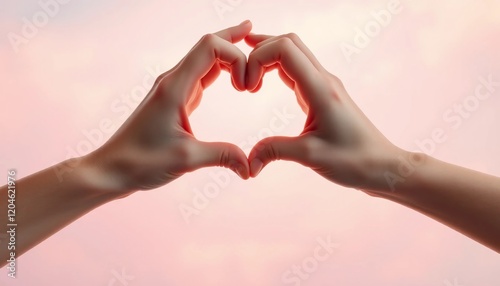 Tender Hands Forming Heart Shape Against Soft Pink and Orange Sunset Sky Background