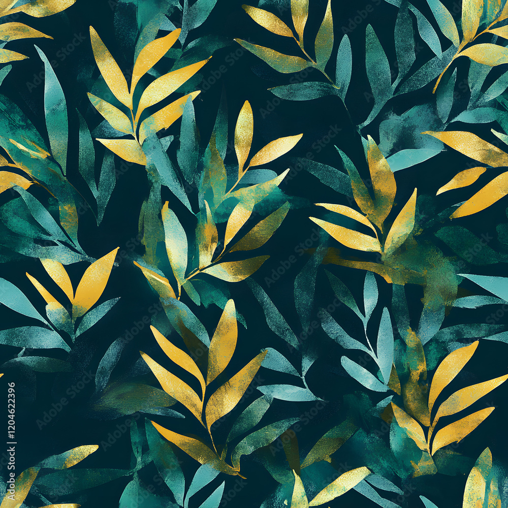 Seamless tropical leaves watercolor pattern in green, teal, and gold for a summer vacation theme with a repeating tile design. Seamless tropical leaves watercolor pattern in green, teal, and gold for a summer vacation theme with a repeating tile design.