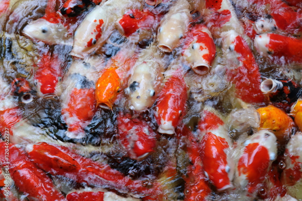 The koi in the large pond have beautiful colors. The koi in the large pond have beautiful colors.