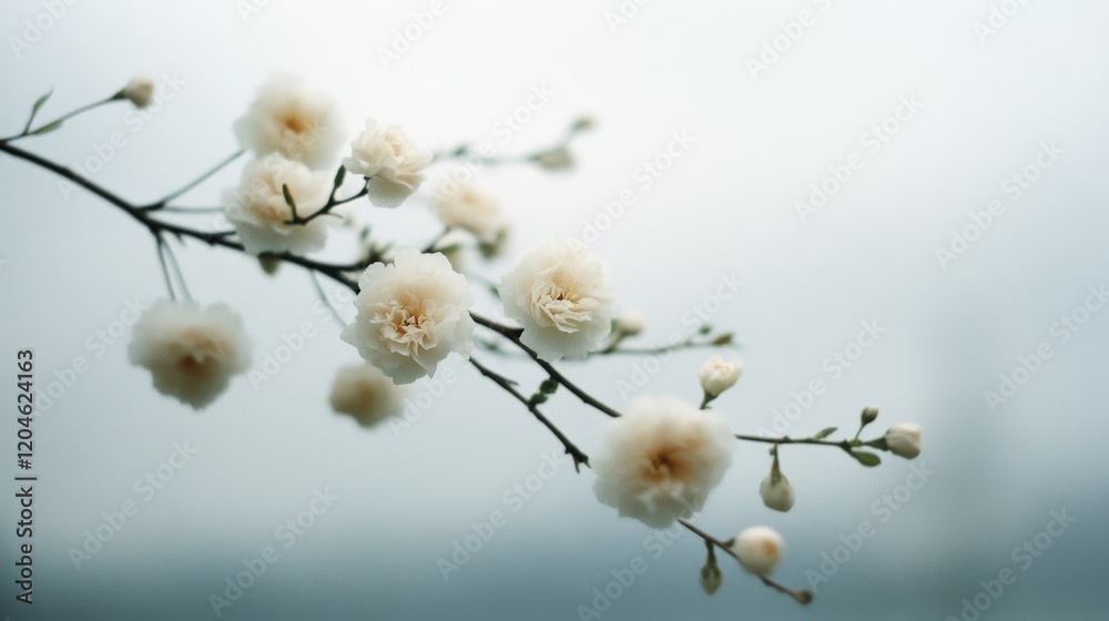 Delicate white flowers bloom on a branch against a soft, misty background, creating a serene and ethereal scene. Delicate white flowers bloom on a branch against a soft, misty background, creating a serene and ethereal scene.