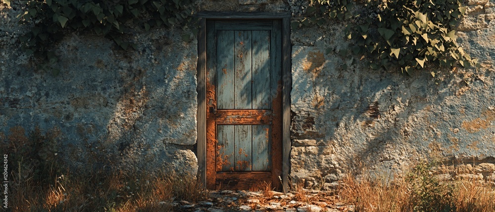 Rustic door in stone wall, autumn leaves. Mystery, fantasy, game background Rustic door in stone wall, autumn leaves. Mystery, fantasy, game background