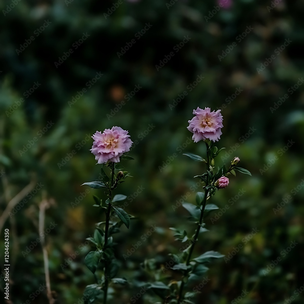 Two Delicate Pink Roses Bloom Amidst Lush Green Foliage Two Delicate Pink Roses Bloom Amidst Lush Green Foliage