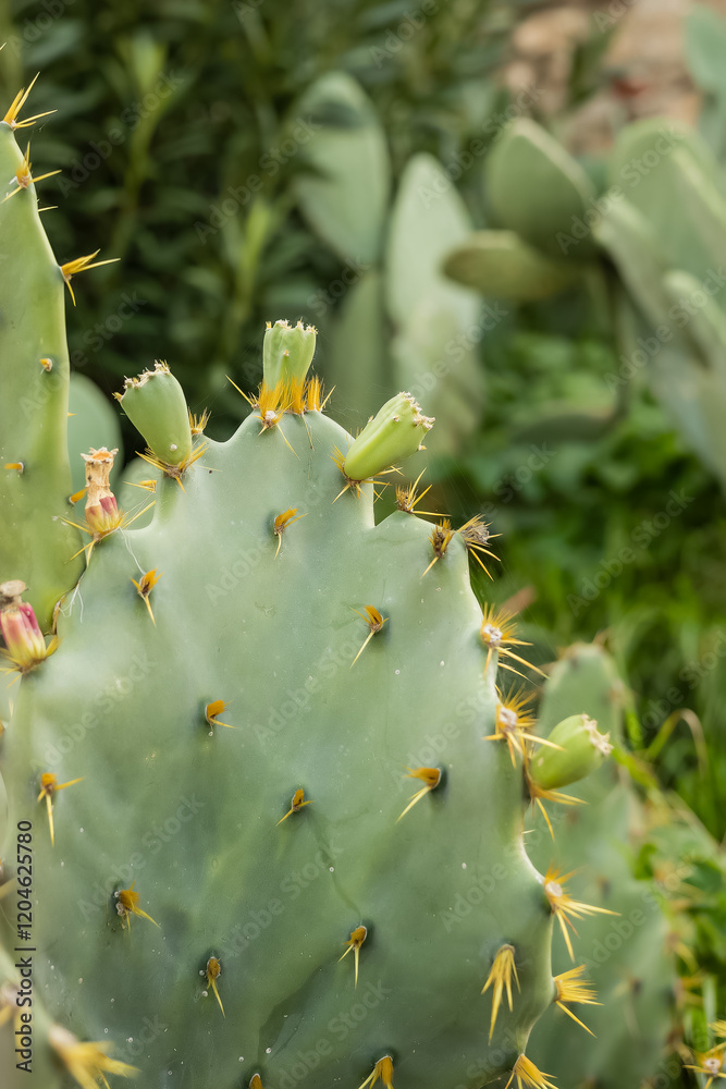 Prickly cactus with buds in desert environment Prickly cactus with buds in desert environment