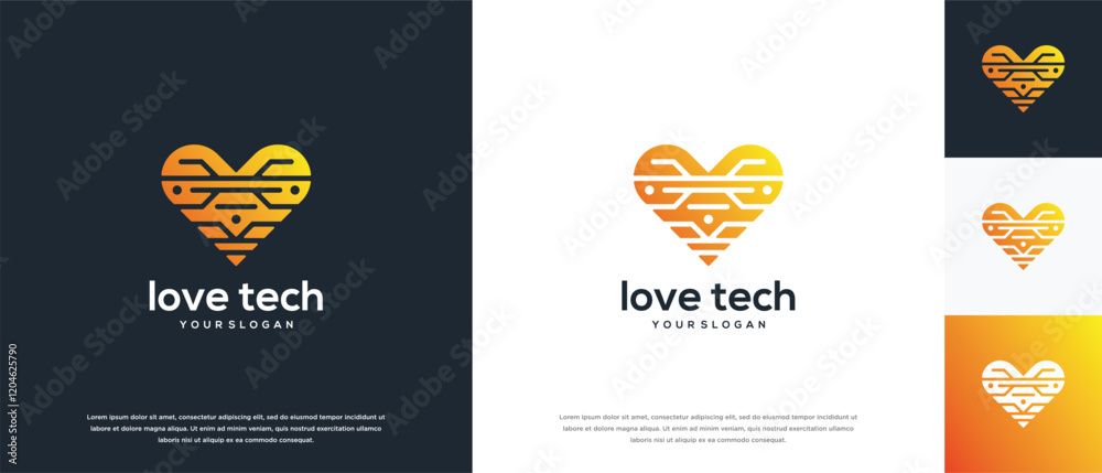 Naklejka premium Love technology logo design. Love digital technology logo design vector icon.