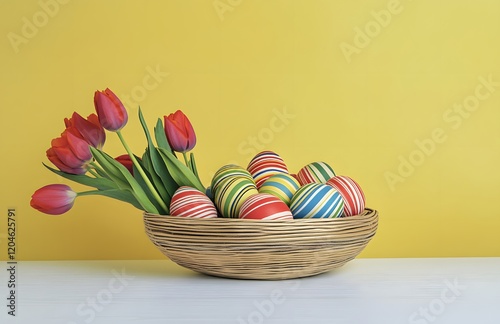 Red Tulips and Striped Easter Eggs in a Basket photo