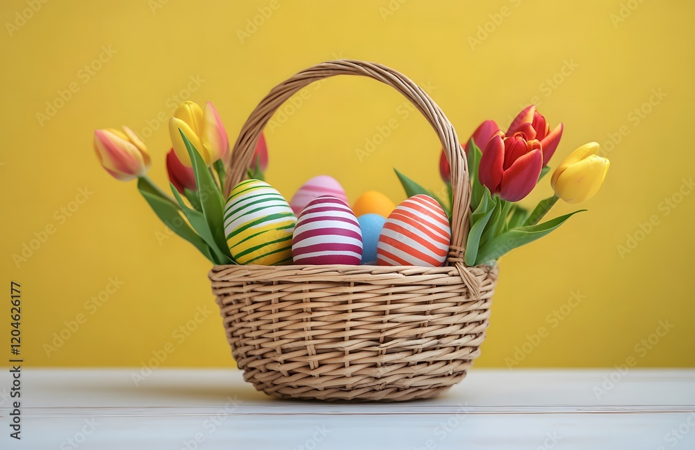Easter basket with colorful eggs and tulips Easter basket with colorful eggs and tulips