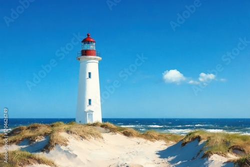 Lighthouse at Lyngvig Fyr Denmark Coastal Landscape with Sandy Dunes and Blue Sky photo