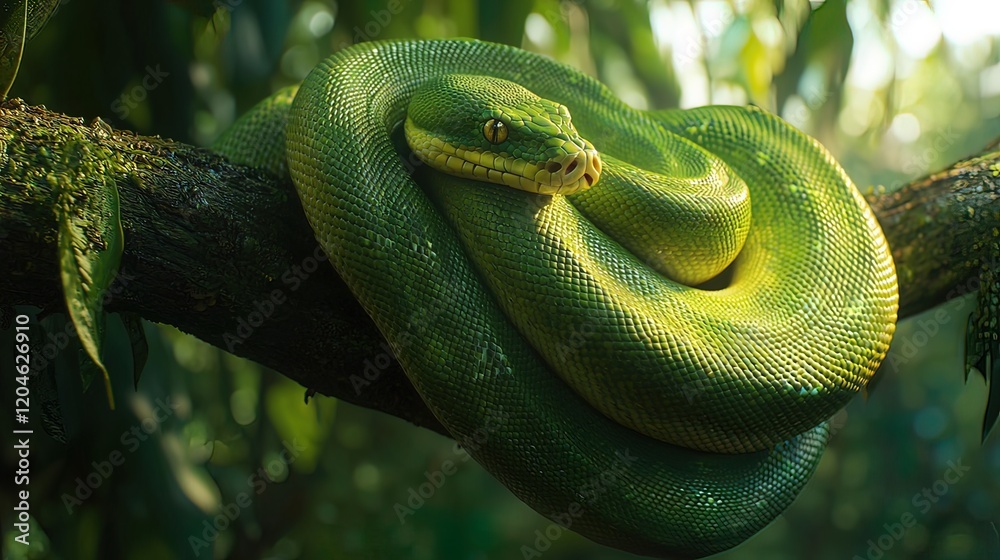 Fototapeta premium Green tree python coiled on a branch in lush rainforest.