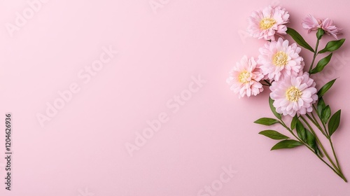 Pink flowers arranged on pink background; floral design, copy space, website banner