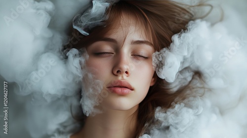 A serene face surrounded by billowing clouds of smoke or mist, capturing a dreamlike and ethereal ambiance.