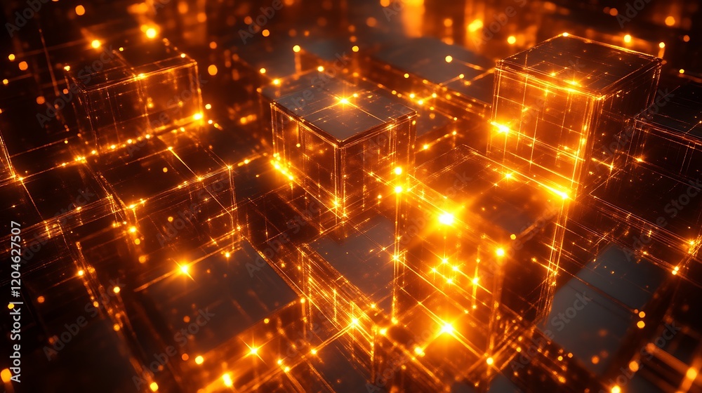 Fototapeta premium Glowing Orange Cubes Form Abstract Network Structure