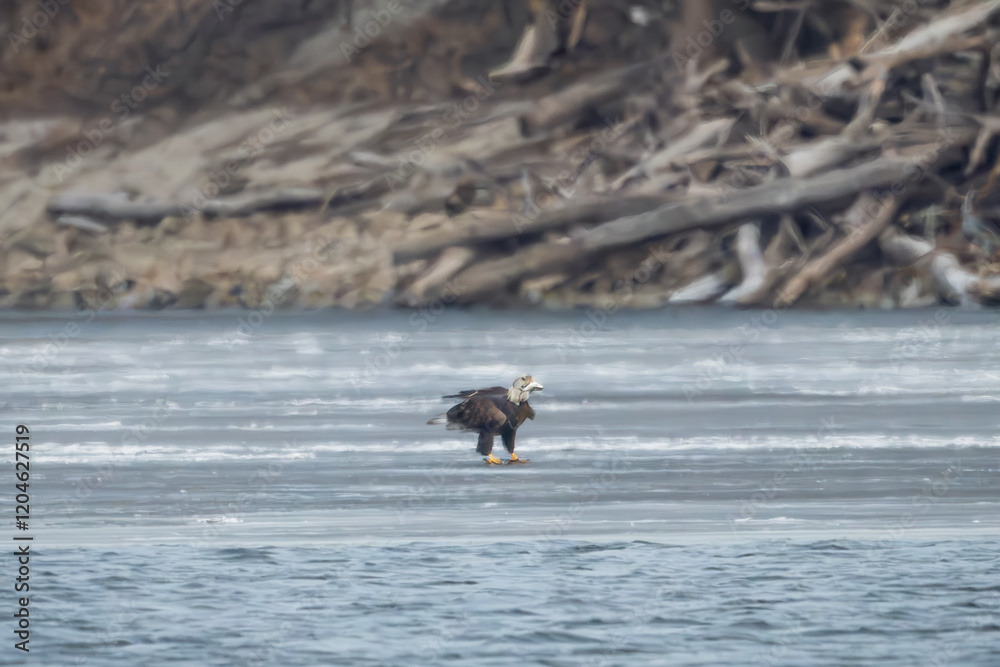 American bald eagle on frozen Mississippis River in St. Paul, Minnesota American bald eagle on frozen Mississippis River in St. Paul, Minnesota