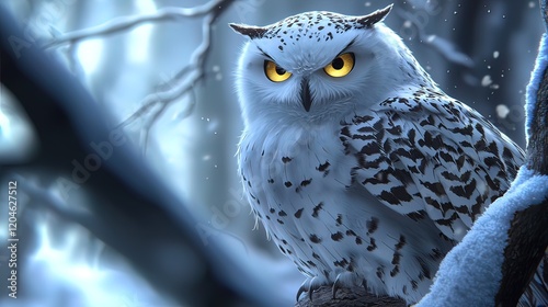 Majestic snowy owl perched on a snow-covered branch in a winter forest, intense gaze. photo