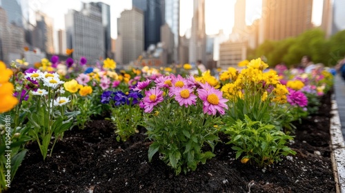 Colorful flowers in city park, sunset backdrop photo