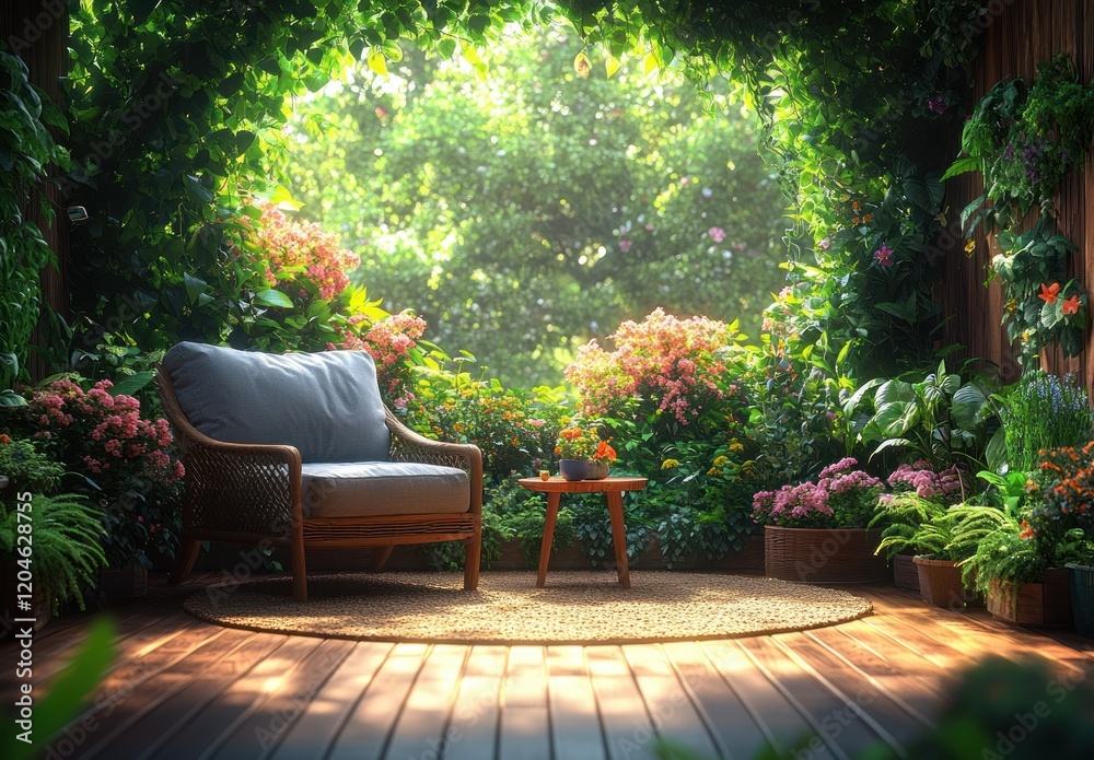 Obraz premium Serene tropical garden with wooden terrace and cozy chair in sunlight