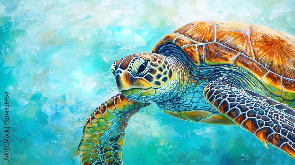 Obraz premium Vibrant painting of a sea turtle swimming in turquoise water.