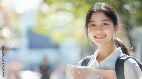 Korean teenage student girl holding textbook go to school library