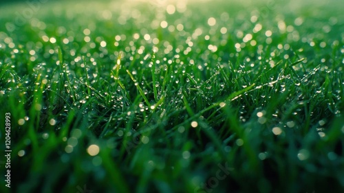 Close-up of dewy green grass in sunlight.