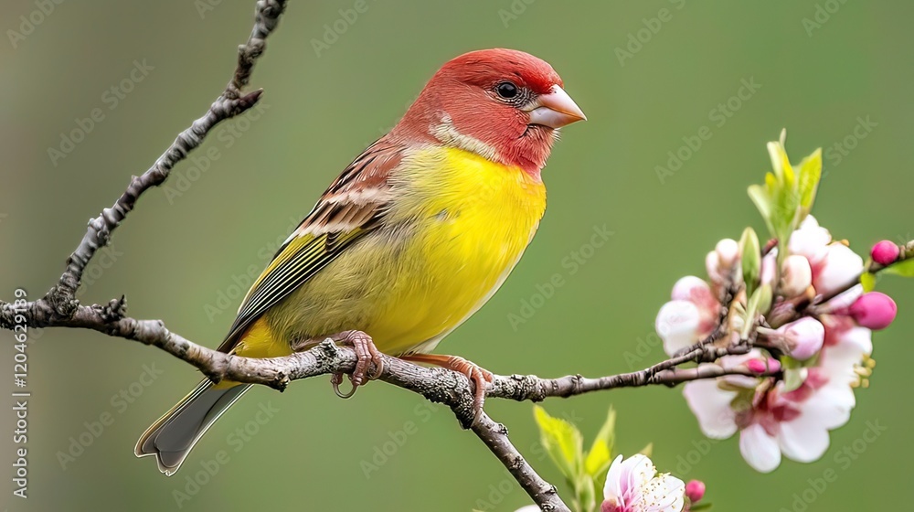 Vibrant red and yellow bird perched on a blossoming branch. Vibrant red and yellow bird perched on a blossoming branch.