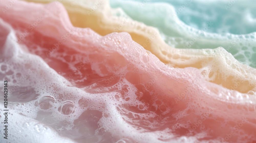 Fototapeta premium Soft pastel-colored foam waves ripple gently, creating a soothing, abstract oceanic landscape.